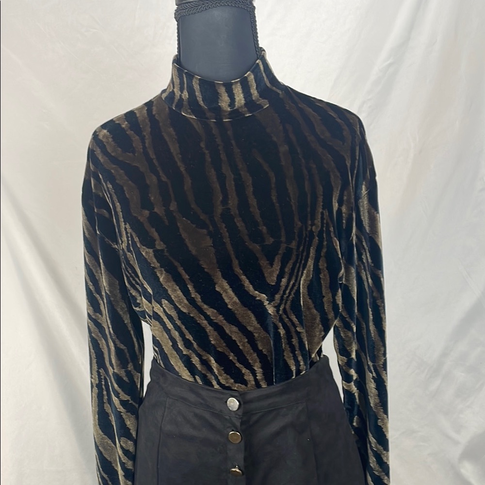 Vintage, Velour, Animal Print, Mock-neck, Long-sleeved Top